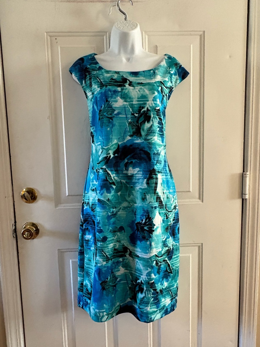 connected apparel Teal and Aqua Watercolor Floral Sheath Dress
